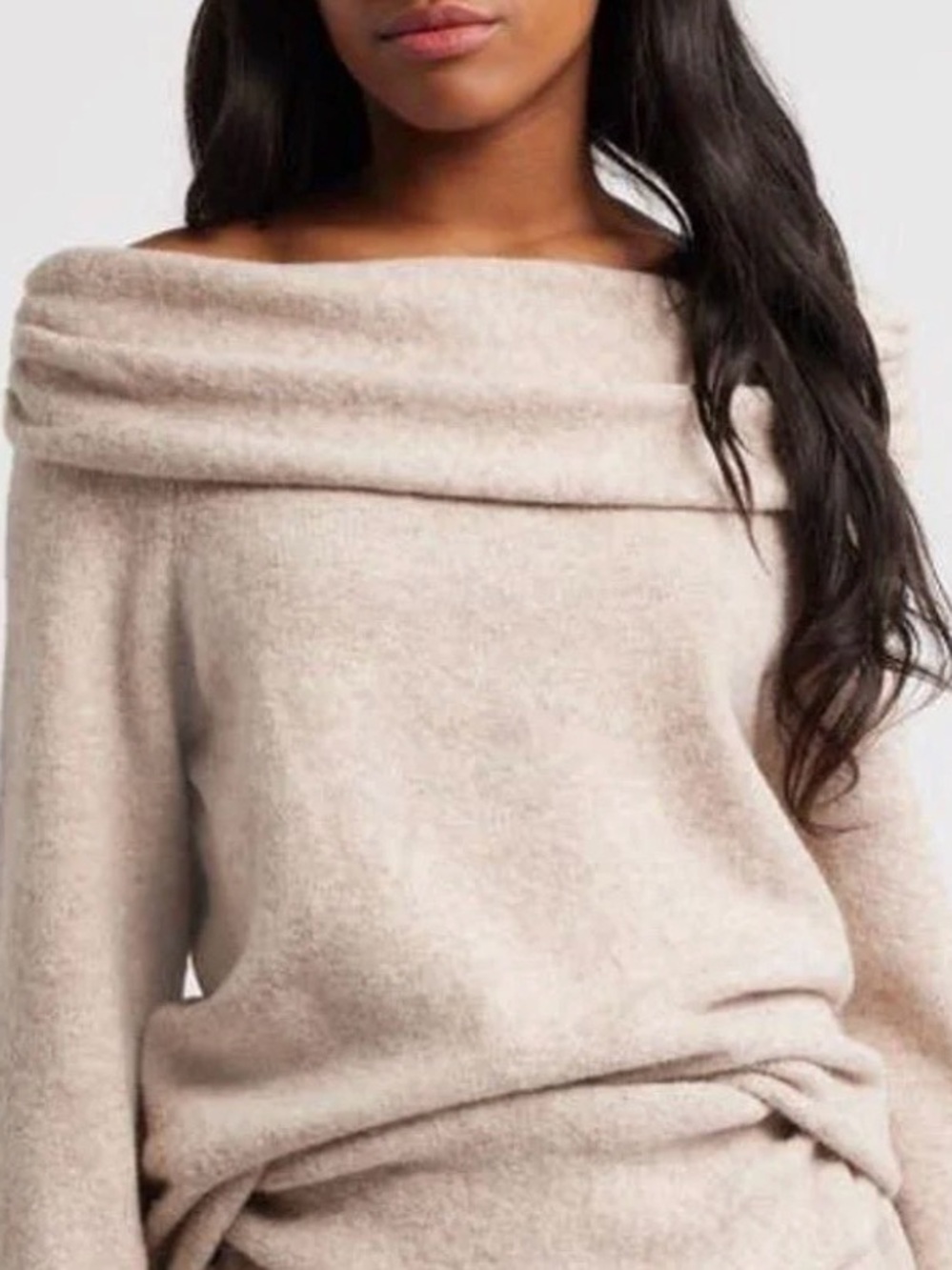 NWT Mistress Rocks Fold-Over Off-Shoulder Knit Sweater - Cream Tan Sz S
